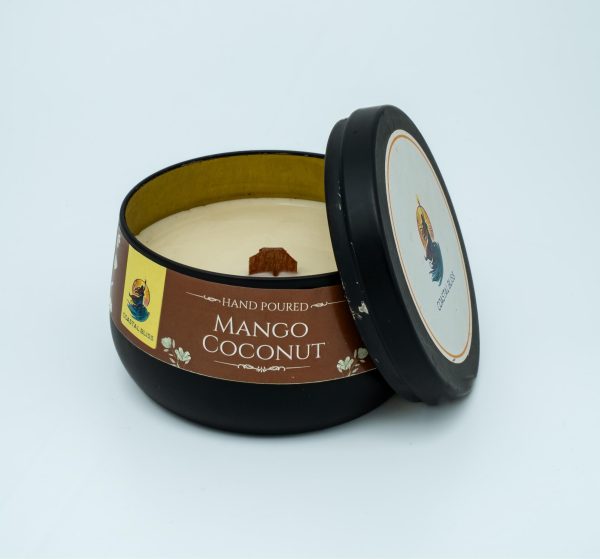 Eco-Friendly Premium Tin Candle – 145g (24-Hour Burn, Soy- Coconut Wax, Wooden Wick, Black Tin)